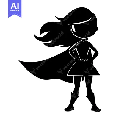 Premium design asset: Silhouette of a female superhero with flowing hair and a cape