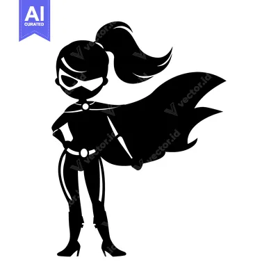 Aset premium populer: Silhouette of a female superhero with a cape and a ponytail
