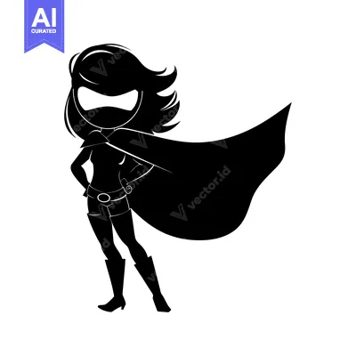 Aset premium populer: Black and White Silhouette of a Female Superhero with Cape