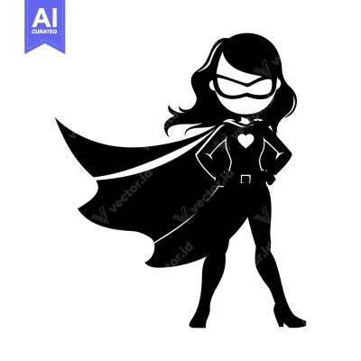 Aset premium populer: Silhouette of a female superhero with a cape and heart on her chest