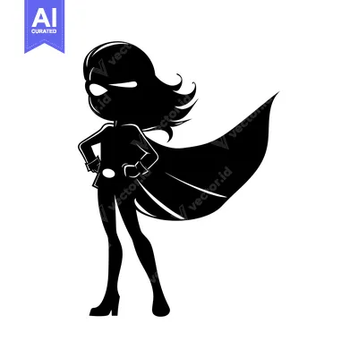 Aset desain premium: Silhouette of a Female Superhero Standing with Cape Flowing