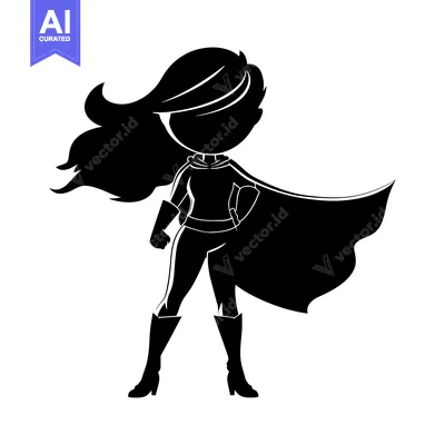 Aset premium populer: Silhouette of a female superhero with flowing hair and a cape.