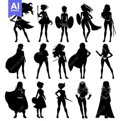 Aset desain premium: A Collection of Silhouettes of Female Warriors in Various Poses