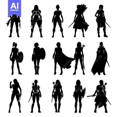 Aset desain premium: A Collection of Silhouettes of Female Warriors in Various Poses