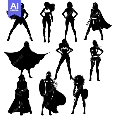 Premium design asset: Nine Silhouettes of Female Superheroes in Various Poses