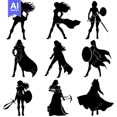 Aset desain premium: Nine Silhouettes of Female Warriors with Weapons and Shields