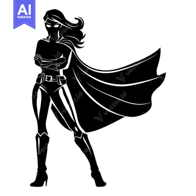 Aset premium populer: A Silhouette of a Confident Superwoman with Flowing Cape