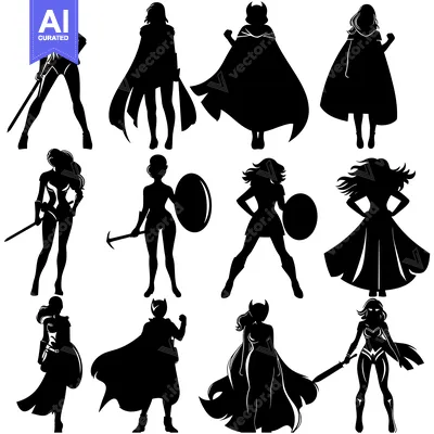 Aset premium populer: A Collection of Silhouette Images Featuring Female Superheroes in Vari