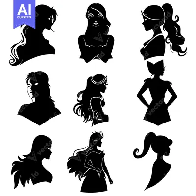 Nine Black Silhouettes of Women with Varying Hairstyles and Poses