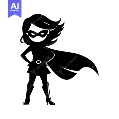 Aset desain premium: Silhouette of a Woman Superhero with Cape and Mask
