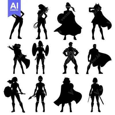 Premium design asset: Silhouettes of Superheroes and Supervillains Posing in Various Actions