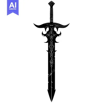 Aset premium populer: A black and white silhouette of a detailed sword with an ornate handle