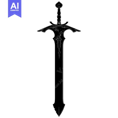 Premium design asset: Black and White Silhouette of a  Medieval Sword with Ornate Details