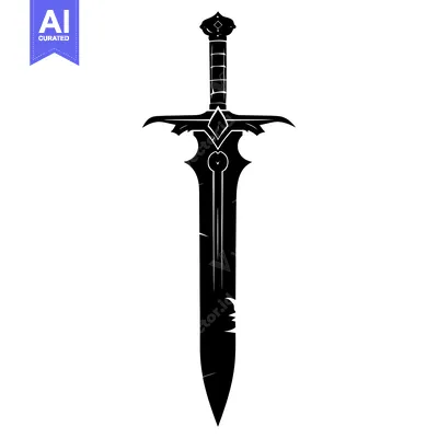 Aset desain premium: Black and White Silhouette of a Fantasy Sword with Ornate Details
