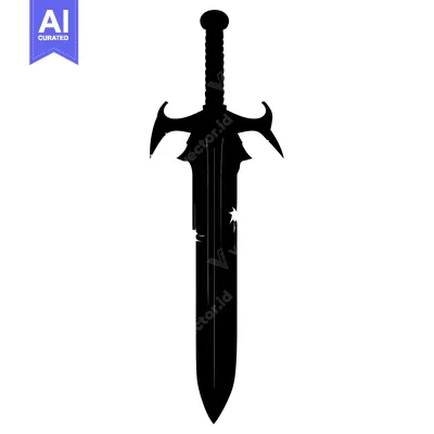 Aset desain premium: Black and White Silhouette of a Sword with a Damaged Blade