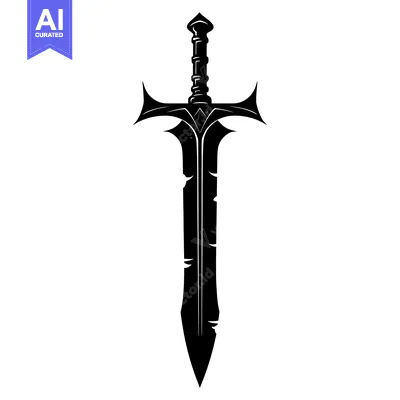 Aset desain premium: Black and White Silhouette of a  Fantasy Sword with Ornate Details