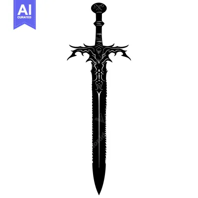 Aset desain premium: Ornate, black-and-white silhouette of a sword with a detailed hilt