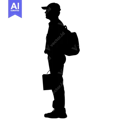 Premium design asset: Silhouette of a person wearing a cap, holding a box and carrying a bac
