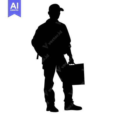 Aset desain premium: Silhouette of a Man Wearing a Cap and Carrying a Briefcase