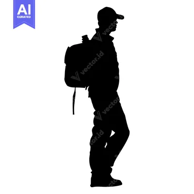 Aset desain premium: Silhouette of a Person Wearing a Backpack and a Hat