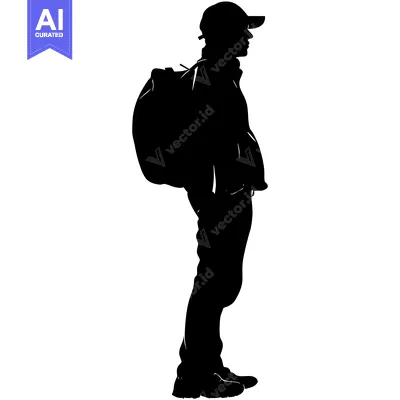 Aset desain premium: Silhouette of a Man Wearing a Backpack and Cap