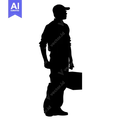 Aset desain premium: Silhouette of a Man in a Cap Holding a Toolbox