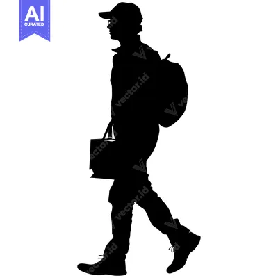 Aset desain premium: Silhouette of a Person Walking with a Backpack and a Bag