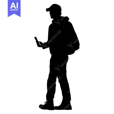 Aset desain premium: Silhouette of a Man Wearing a Cap and Backpack, Holding a Phone