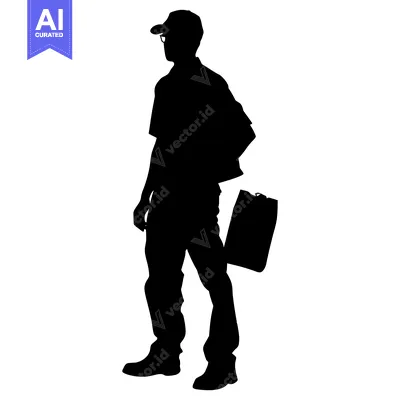 Aset premium populer: Silhouette of a Man Wearing a Cap, Glasses, and Carrying a Bag
