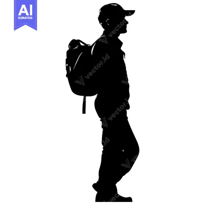 Aset desain premium: Silhouette of a Person Wearing a Backpack and Cap