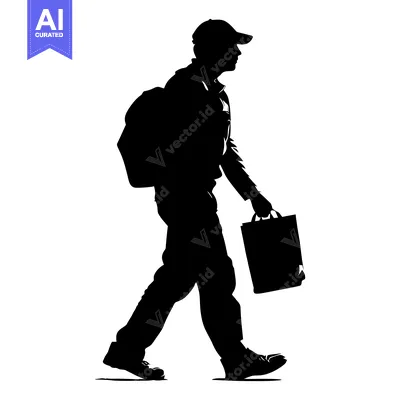 Aset premium populer: Silhouette of a Man Walking with a Backpack and Shopping Bag
