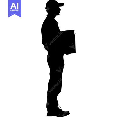 Aset desain premium: Silhouette of a man wearing a cap and holding a box
