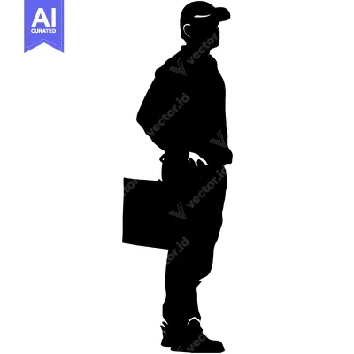 Aset desain premium: Silhouette of a Man with a Briefcase and a Cap