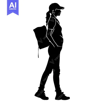 Popular premium asset: Silhouette of a woman with a backpack and a cap walking