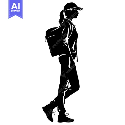 Premium design asset: Silhouette of a Young Woman Walking with a Backpack