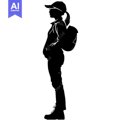 Aset desain premium: Silhouette of a Young Woman with a Backpack