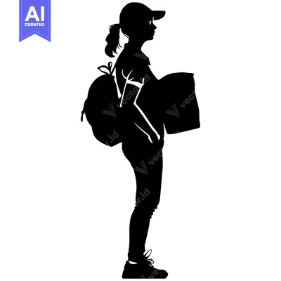 Aset desain premium: Silhouette of a girl wearing a cap and carrying a backpack