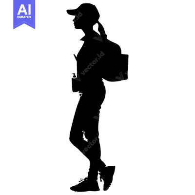 Aset premium populer: Silhouette of a young woman wearing a cap, carrying a backpack and hol