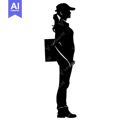 Aset desain premium: Silhouette of a woman with a ponytail wearing a cap and carrying a box