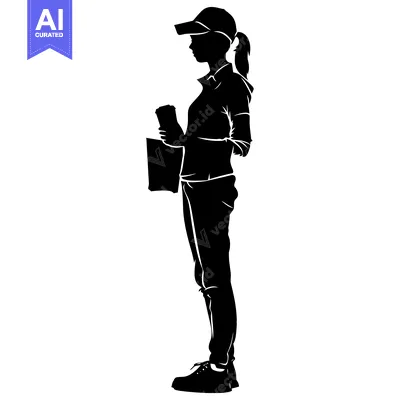 Aset premium populer: Silhouette of a woman in a cap holding a bag and a drink
