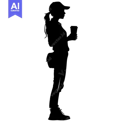 Aset desain premium: Silhouette of a Woman in a Cap Holding a Cup of Coffee