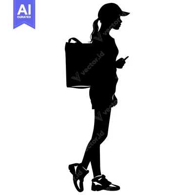 Aset desain premium: Silhouette of a Woman Wearing a Cap and Carrying a Bag