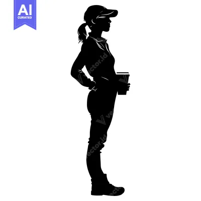 Aset premium populer: Silhouette of a Woman in a Cap Holding a Coffee Cup