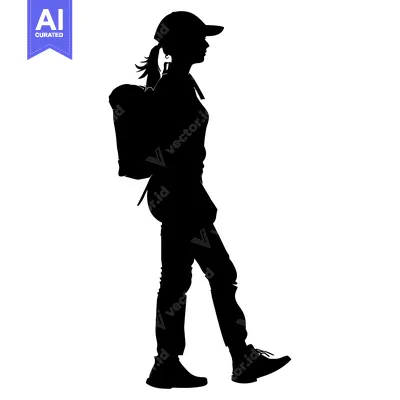 Aset desain premium: Silhouette of a Woman Wearing a Backpack and a Cap, Walking Forward