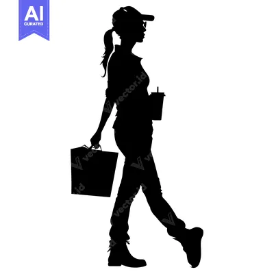 Popular premium asset: Silhouette of a Woman Walking with a Bag and Drink
