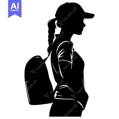 Aset desain premium: Silhouette of a Woman with a Backpack and a Hat