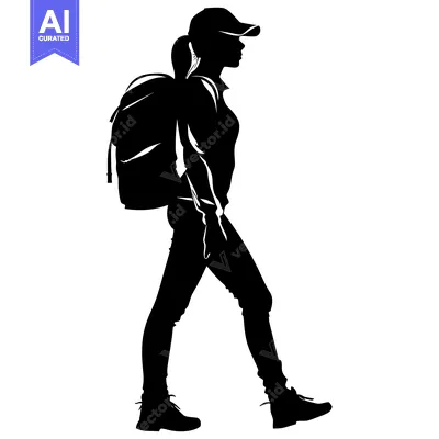 Aset desain premium: Silhouette of a Woman Walking with a Backpack
