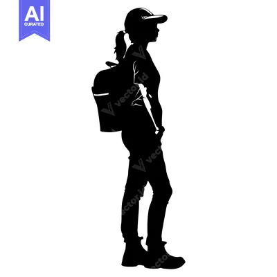 Aset desain premium: Silhouette of a Young Woman Wearing a Cap and Backpack