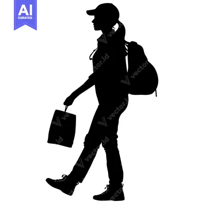 Silhouette of a Woman Walking with a Backpack and a Bag