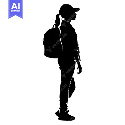 Aset desain premium: Silhouette of a Woman with a Backpack and Cap